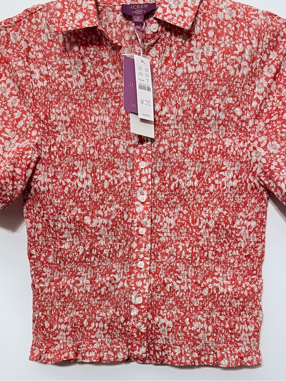 J. Crew Smocked Button-up Shirt Short Sleeve Liberty®Lizzy Red Fabric Sz M $168 - Picture 3 of 9